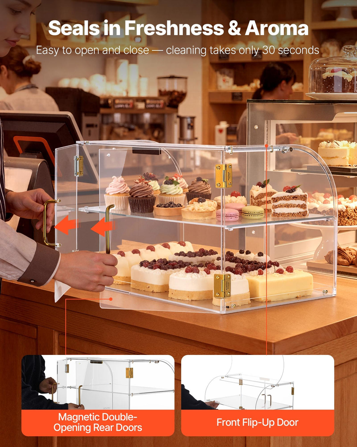 VEVOR Bakery Display Case, 2-Tier Commercial Countertop Pastry Display Case, Clear Acrylic Bread Box for Kitchen, Party Cake Cabinet with Magnetic Rear Door for Cookie Dessert Donut, 558x355x355 mm
