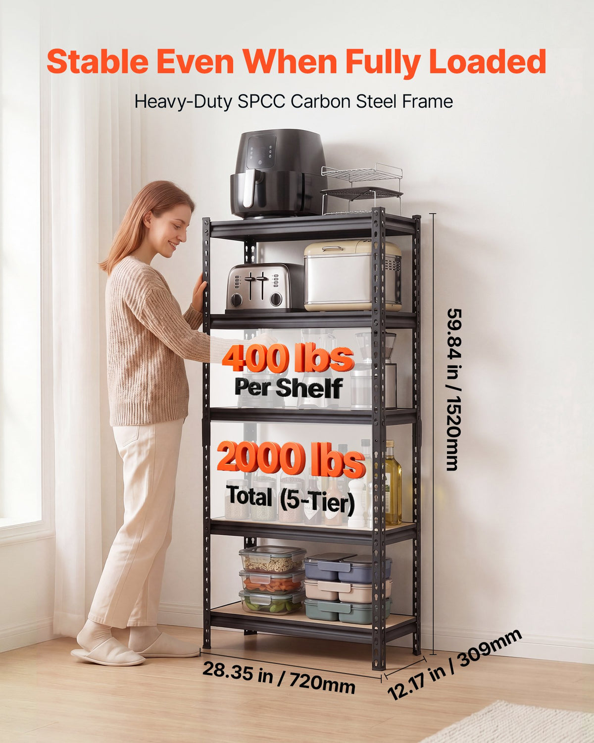 VEVOR Storage Shelves, 5-Tier Adjustable, 907.2 kg Capacity, Heavy Duty Garage Storage Shelving Unit, Metal Utility Rack Shelf, for Kitchen Pantry Basement Bathroom, 720 mm W x 309 mm D x 1520 mm H