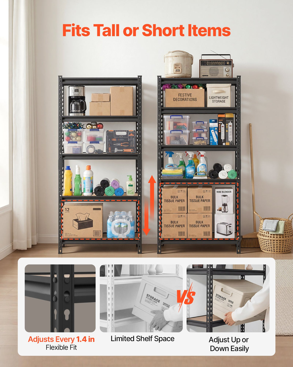 VEVOR Storage Shelves, 5-Tier Adjustable, 907.2 kg Capacity, Heavy Duty Garage Storage Shelving Unit, Metal Utility Rack Shelf, for Kitchen Pantry Basement Bathroom, 720 mm W x 309 mm D x 1520 mm H