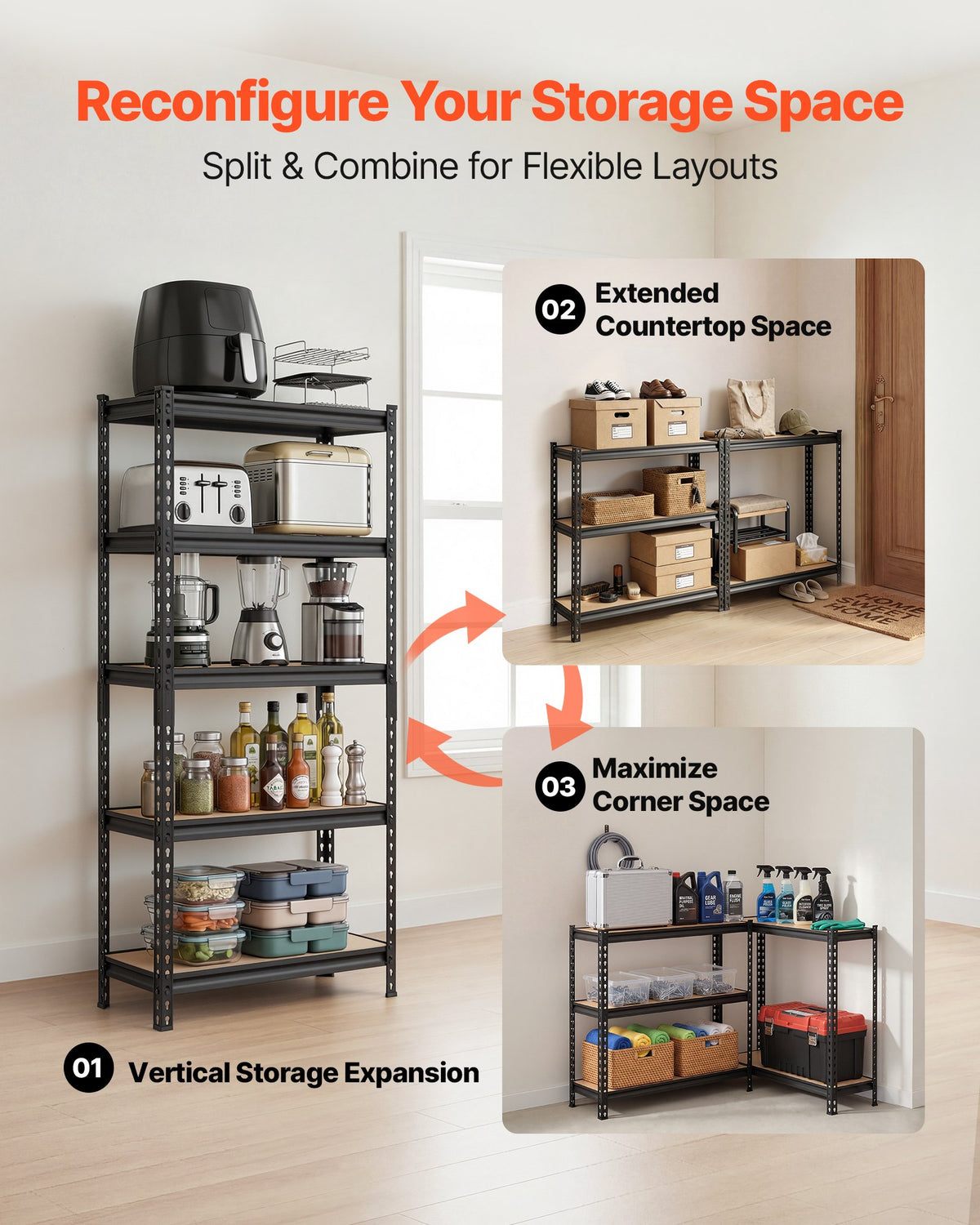 VEVOR Storage Shelves, 5-Tier Adjustable, 907.2 kg Capacity, Heavy Duty Garage Storage Shelving Unit, Metal Utility Rack Shelf, for Kitchen Pantry Basement Bathroom, 720 mm W x 309 mm D x 1520 mm H