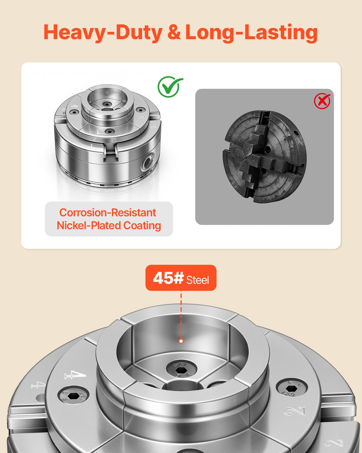 VEVOR 4 Inch Wood Lathe Chuck, 4-Jaw, Self-Centering Wood Turning Chuck Set with 1" x 8TPI Thread & Adapter, Round Jaws, Step Jaws, Thickened Nickel-Plated, High-Hardness Steel, for Woodworking Lathe