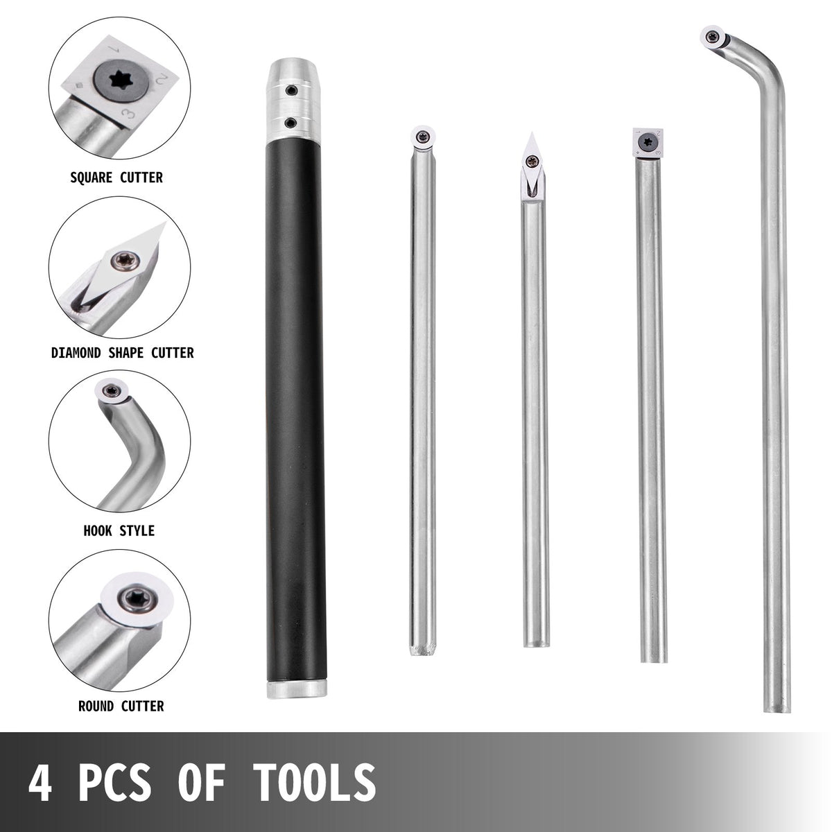 VEVOR Wood Turning Tools for Lathe 4 PCS Set, Carbide Lathe Tools with Diamond Shape, Round, Square Cutters Replaceable Turning Lathe Chisels with a Grip Handle Lathe Tools for Craft DIY Hobbyists