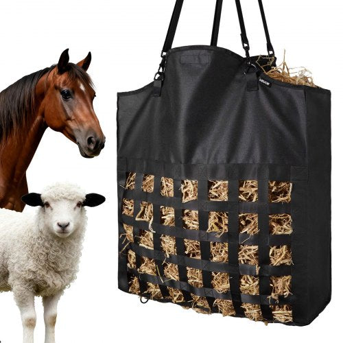VEVOR Hay Bag for Horses, 55 x 18.5 x 64 cm, 46 x 46 mm Holes, Premium Nylon Construction with PVC Waterproof Coating, Adjustable Hanging Straps and Metal Hooks, Slow Feed Hay Bag for Horses
