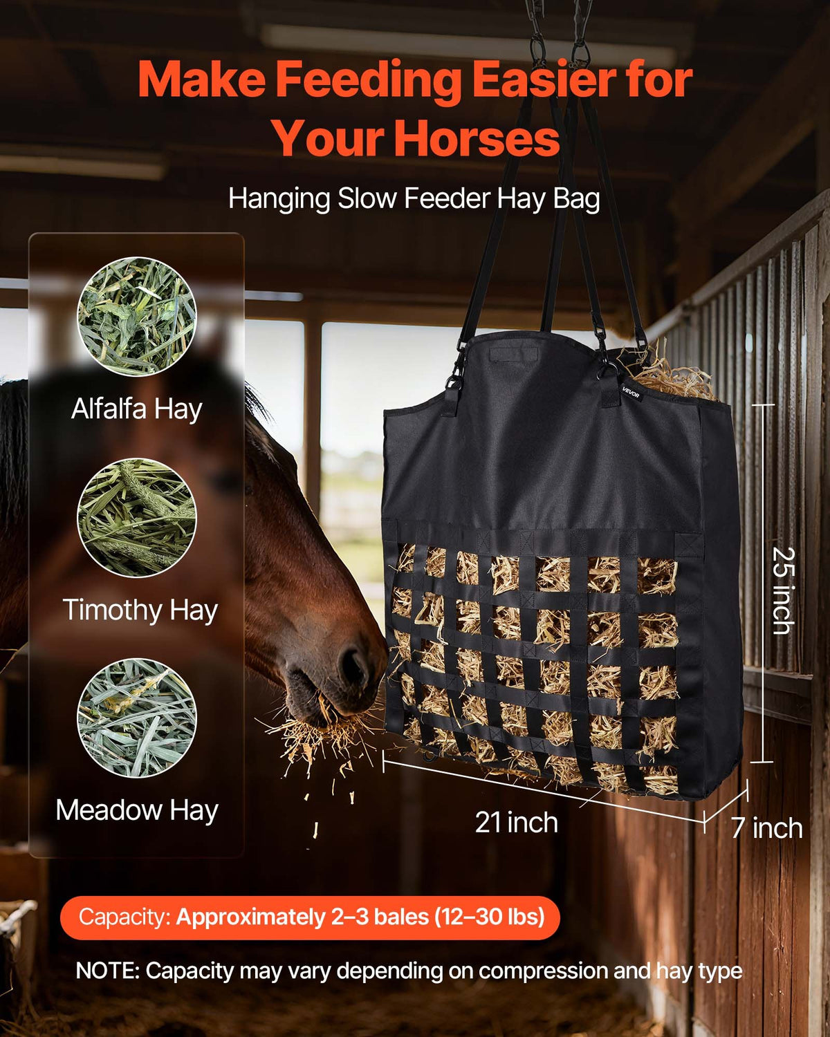 VEVOR Hay Bag for Horses, 55 x 18.5 x 64 cm, 46 x 46 mm Holes, Premium Nylon Construction with PVC Waterproof Coating, Adjustable Hanging Straps and Metal Hooks, Slow Feed Hay Bag for Horses