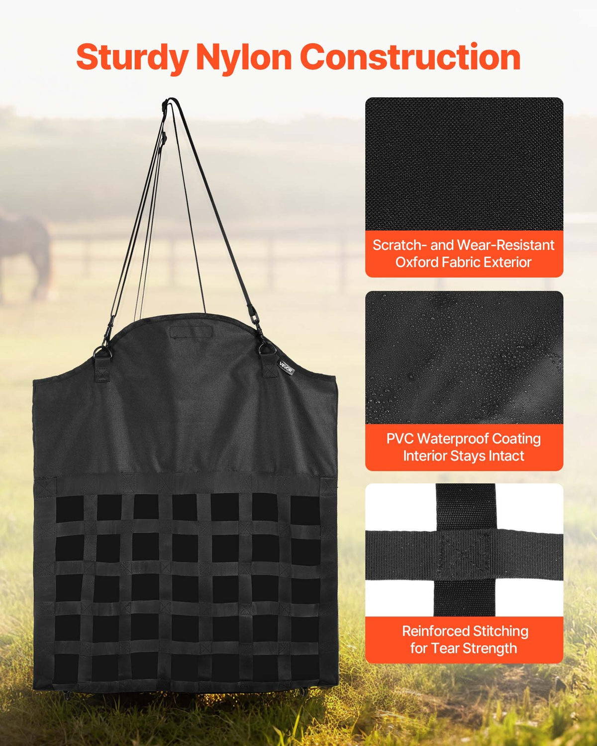 VEVOR Hay Bag for Horses, 55 x 18.5 x 64 cm, 46 x 46 mm Holes, Premium Nylon Construction with PVC Waterproof Coating, Adjustable Hanging Straps and Metal Hooks, Slow Feed Hay Bag for Horses