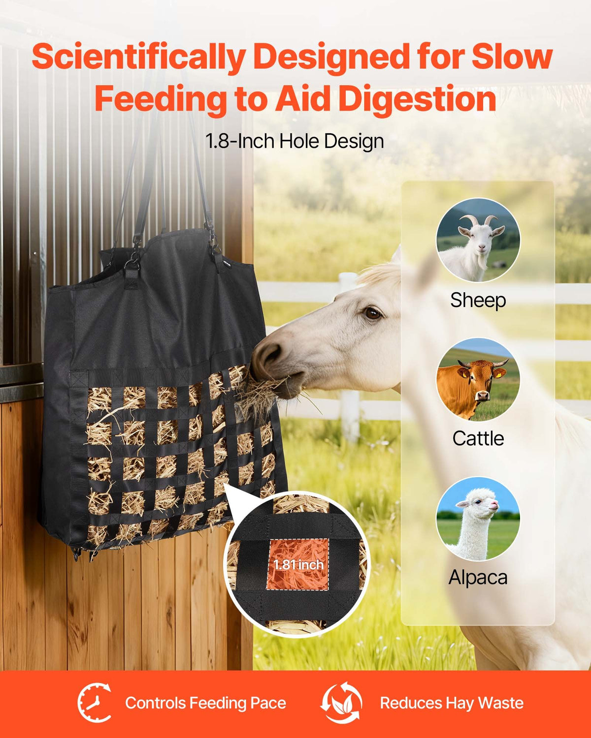 VEVOR Hay Bag for Horses, 55 x 18.5 x 64 cm, 46 x 46 mm Holes, Premium Nylon Construction with PVC Waterproof Coating, Adjustable Hanging Straps and Metal Hooks, Slow Feed Hay Bag for Horses