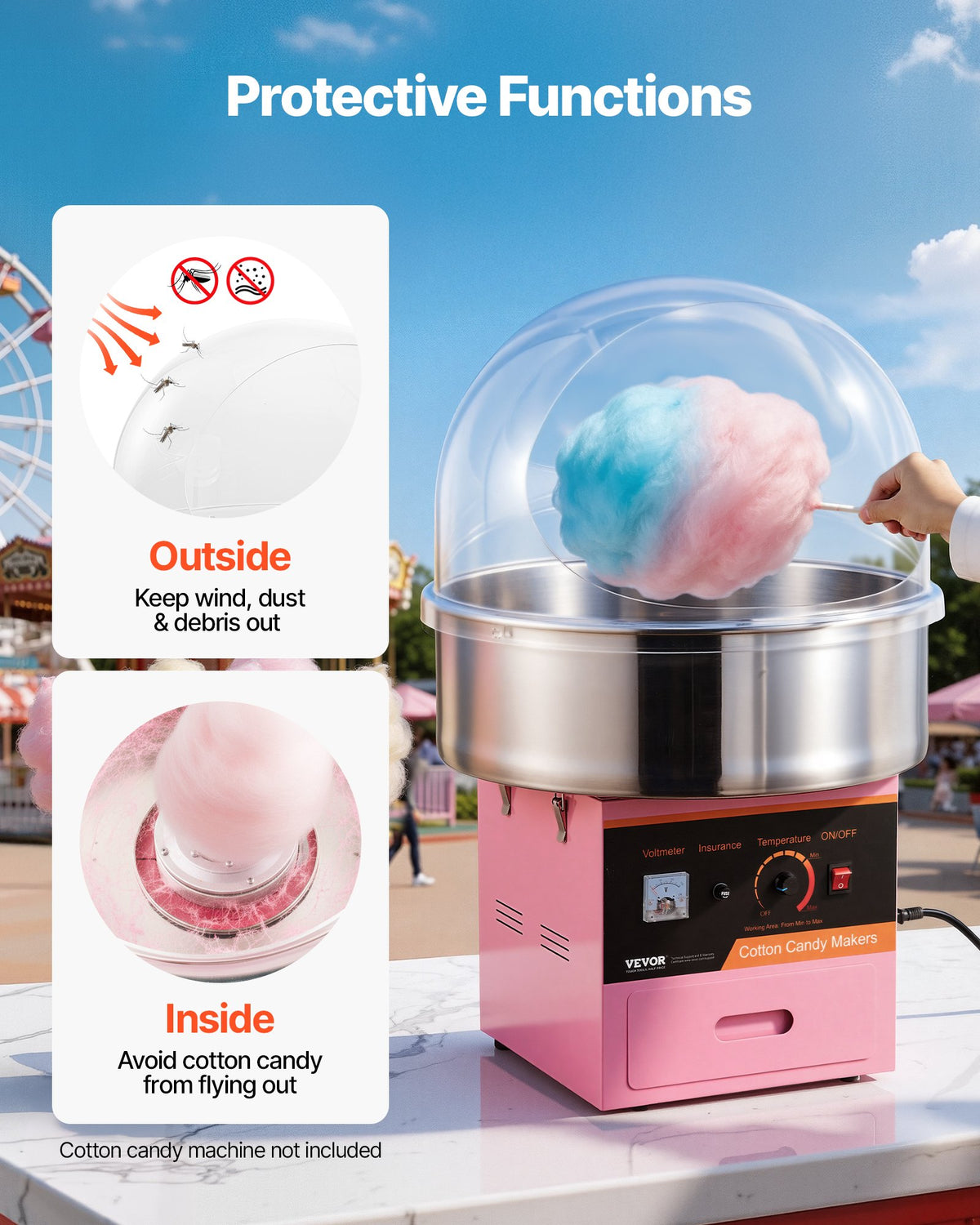 VEVOR Cotton Candy Machine Cover, Transparent Acrylic Dome Bubble Shield, Cotton Candy Machine Bubble Shield Compatible with 52cm Cottons Candies Machines Bowl for Party, Shops, Bottom Groove Design