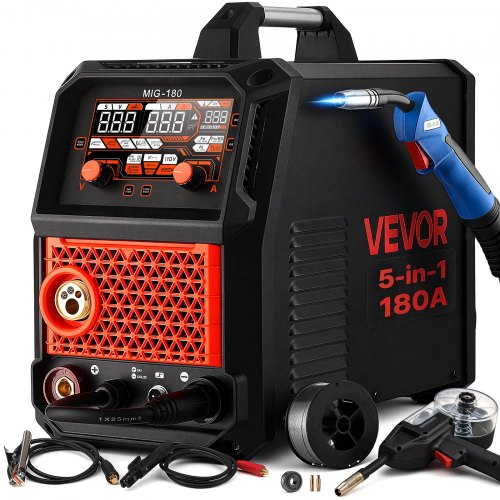 VEVOR 180Amps MIG Welder 5-in-1 AL MIG/Gas MIG/Flux Core MIG/Stick/Lift TIG, Multi-Function 220V Aluminum Mig Welder with Synergic Control, 2T/4T/Spot Mode, Digital Display - Spool Gun Included