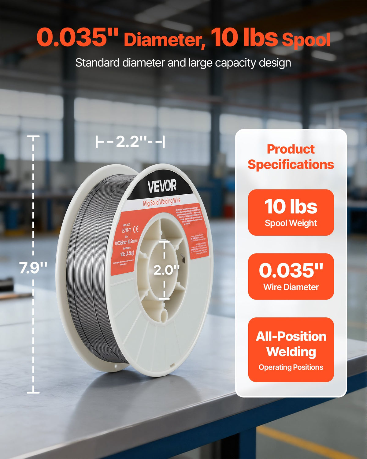 VEVOR Flux Core MIG Welding Wire, E71T-11 0.9mm 4.5kg, Gasless Mild Steel Welding Wire with Low Spatter for All Position Arc Welding, Self-Shielded for Outdoor Use