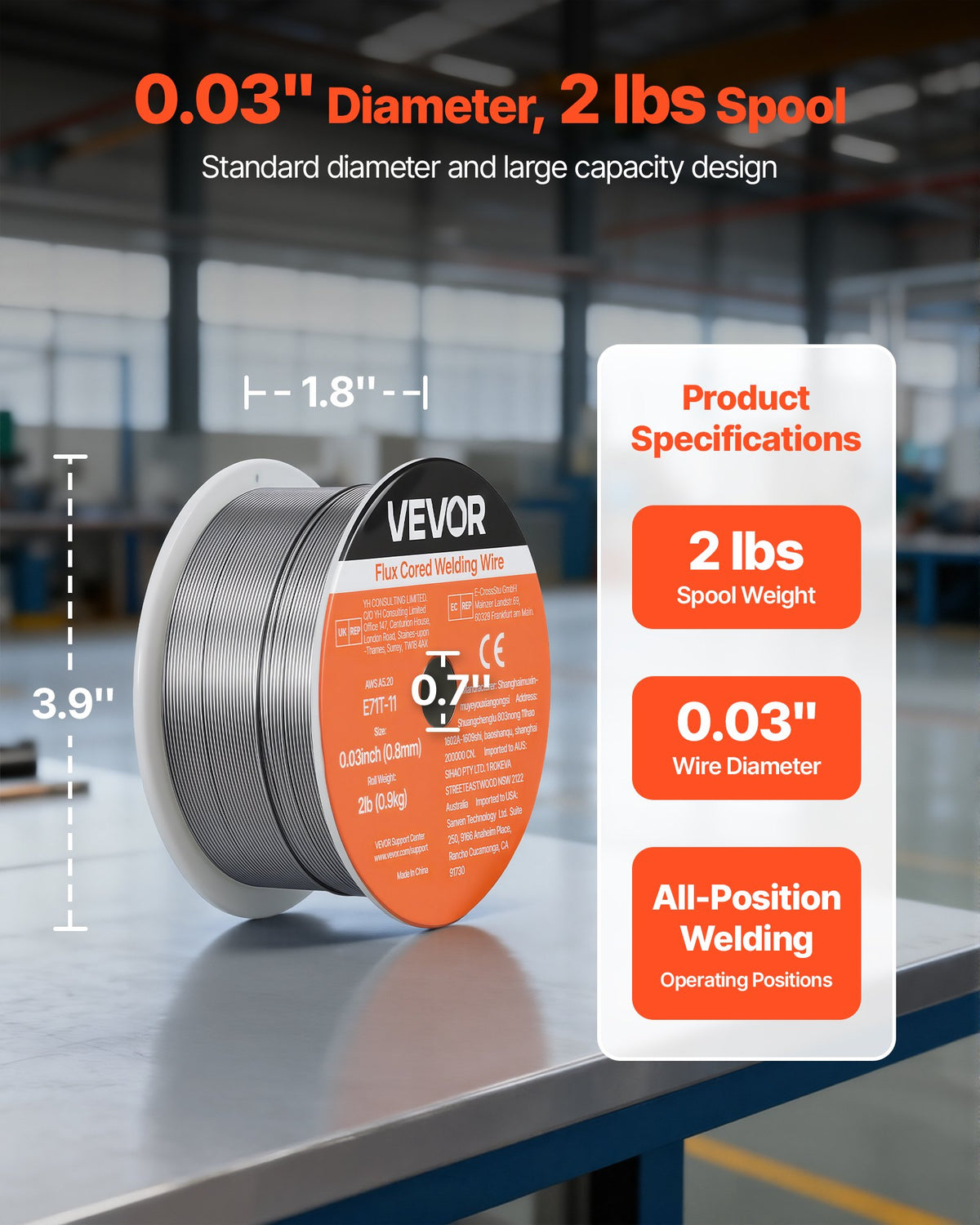 VEVOR Flux Core MIG Welding Wire, E71T-11 0.03-inch 2 LBS, Gasless Mild Steel Welding Wire with Low Spatter for All Position Arc Welding, Self-Shielded for Outdoor Use