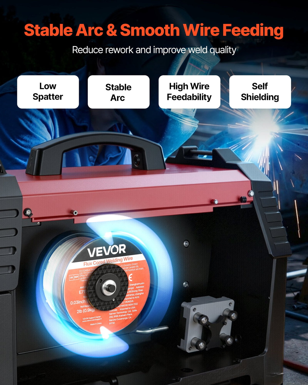 VEVOR Flux Core MIG Welding Wire, E71T-11 0.03-inch 2 LBS, Gasless Mild Steel Welding Wire with Low Spatter for All Position Arc Welding, Self-Shielded for Outdoor Use