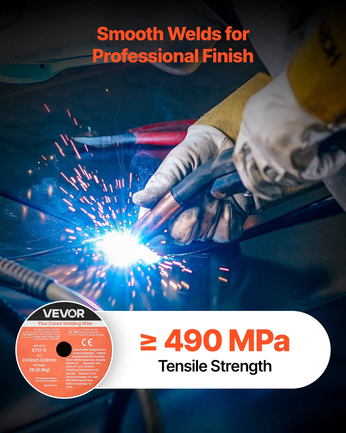 VEVOR Flux Core MIG Welding Wire, E71T-11 0.03-inch 2 LBS, Gasless Mild Steel Welding Wire with Low Spatter for All Position Arc Welding, Self-Shielded for Outdoor Use