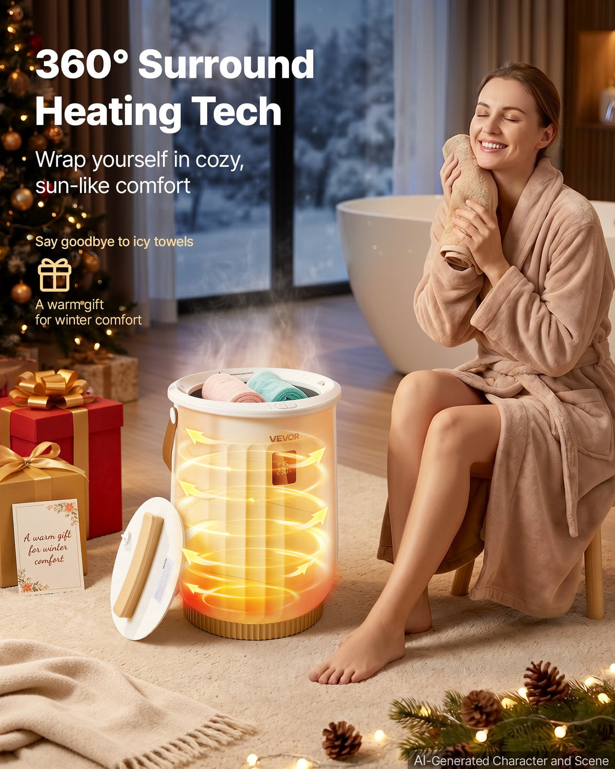 VEVOR Towel Warmers for Bathroom 20L Heated Towel Bucket with LED Display, Rapid Heating, 4 Adjustable Timer, Wood Handle, Auto Shut Off, Fits Oversized Towels, Blankets, Bathrobes, for Women, White