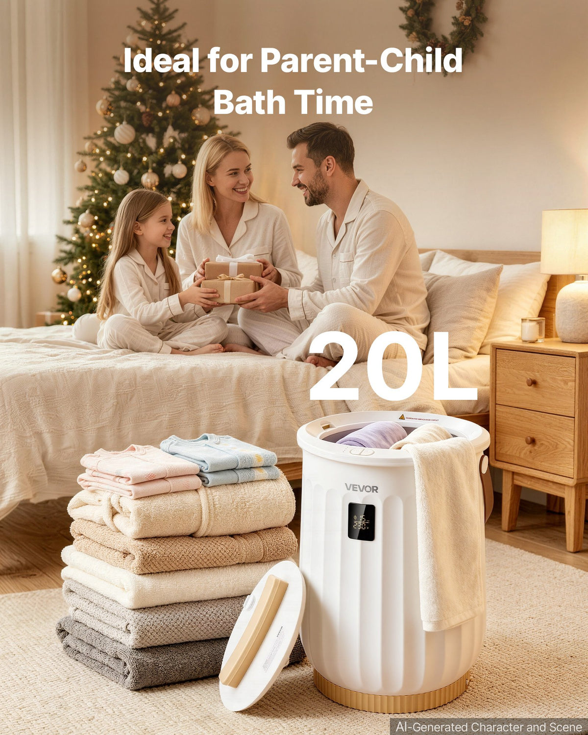 VEVOR Towel Warmers for Bathroom 20L Heated Towel Bucket with LED Display, Rapid Heating, 4 Adjustable Timer, Wood Handle, Auto Shut Off, Fits Oversized Towels, Blankets, Bathrobes, for Women, White