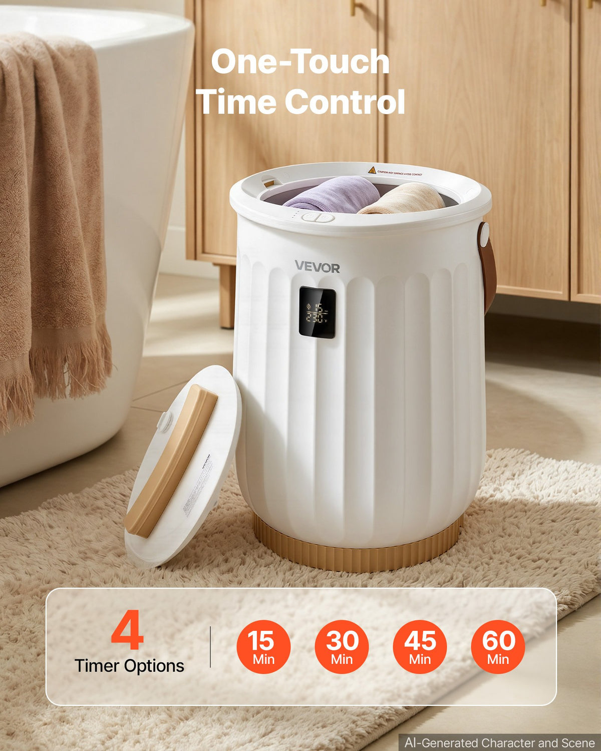 VEVOR Towel Warmers for Bathroom 20L Heated Towel Bucket with LED Display, Rapid Heating, 4 Adjustable Timer, Wood Handle, Auto Shut Off, Fits Oversized Towels, Blankets, Bathrobes, for Women, White