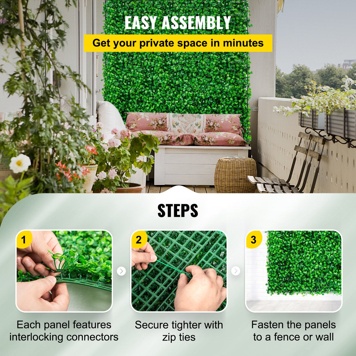 VEVOR Artificial Boxwood Panel UV 48pcs artificial hedge Artificial Grass Backdrop Wall 10X10" 4cm boxwood panel panels Fake Hedge for Decor Privacy Fence Indoor Outdoor Garden Backyard
