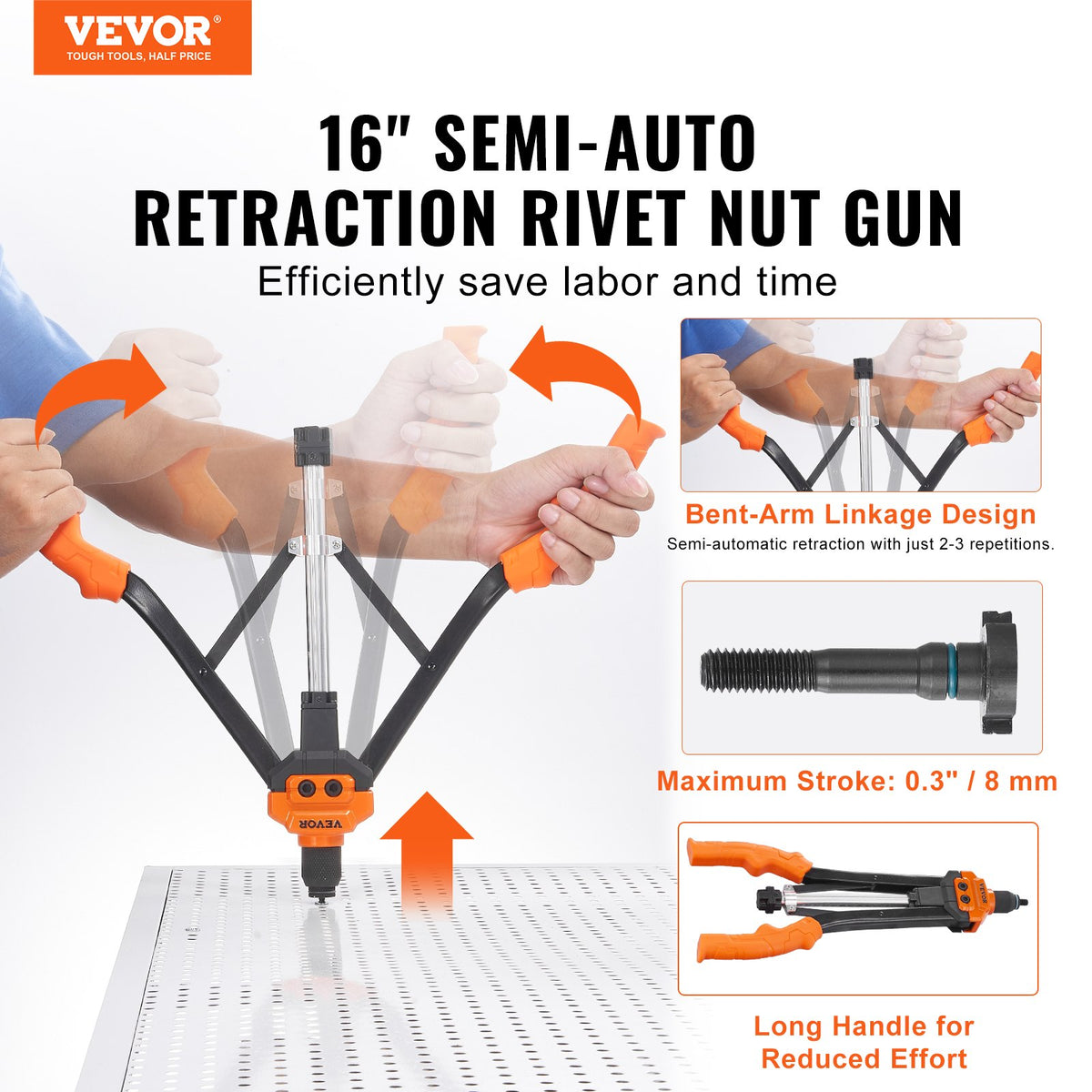 VEVOR Rivet Nut Tool, 40.6cm Rivnut Tool Kit with 13PCS Metric and SAE Mandrels, 186PCS Rivet Nuts, M3, M4, 10-24, M5, M6, 1/4-20, 8-32, 5/16-18, M8, 3/8-16, M10, M12, 1/2-13, Semi-auto Retraction