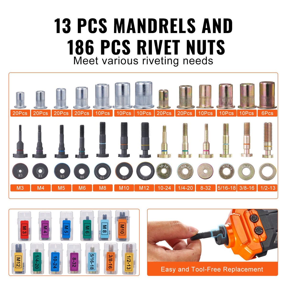 VEVOR Rivet Nut Tool, 40.6cm Rivnut Tool Kit with 13PCS Metric and SAE Mandrels, 186PCS Rivet Nuts, M3, M4, 10-24, M5, M6, 1/4-20, 8-32, 5/16-18, M8, 3/8-16, M10, M12, 1/2-13, Semi-auto Retraction