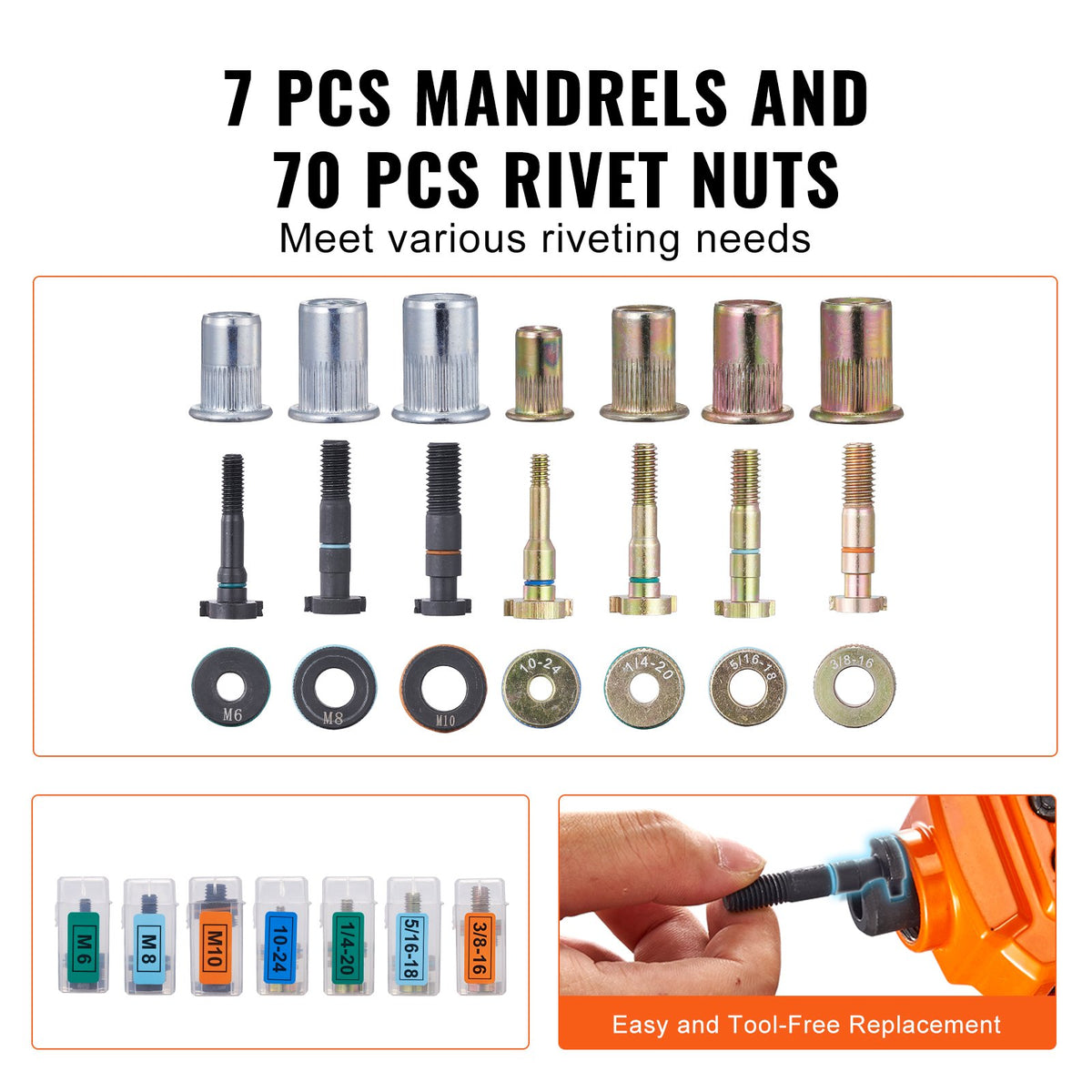 VEVOR Rivet Nut Tool, 14 in Rivnut Tool Kit with 7 PCS Metric and SAE Mandrels, 70 PCS Assorted Rivet Nuts, 10-24, 1/4-20, M6, 5/16-18, M8, 3/8-16, M10, With Rugged Carrying Case, for DIY, Repairs