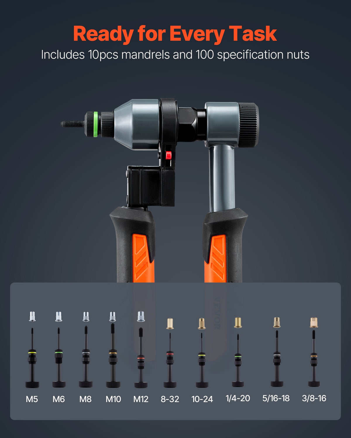 VEVOR Rivet Nut Tool Kit, 9-Inch Ratchet Rivnut Tool Kit, with 10 Mandrels and 100 Nuts, Metric and SAE Size M5, M6, M8, M10, M12, 8-32, 10-24, 1/4-20, 5/16-18, 3/8-16 UNC, with a Rugged Carrying Case