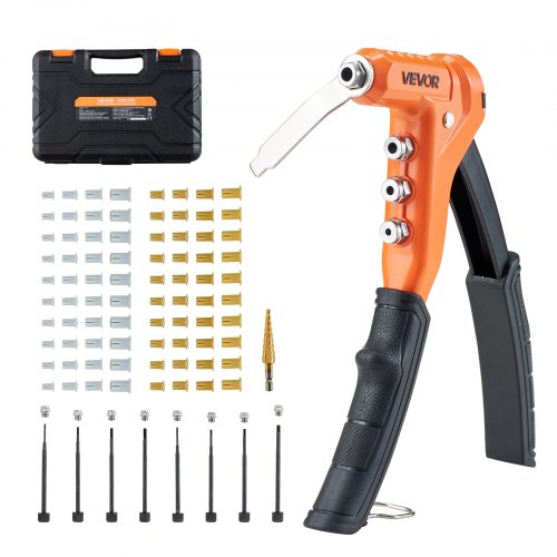 VEVOR Rivet Nut Tool Kit, 230 mm One-Handed Rivnut Tool Kit, with 8 Mandrels, a Step Drill Bit and 80 Nuts, Metric and SAE Size M3, M4, M5, M6, 6-32, 8-32, 10-24, 1/4-20 UNC, with a Carrying Case