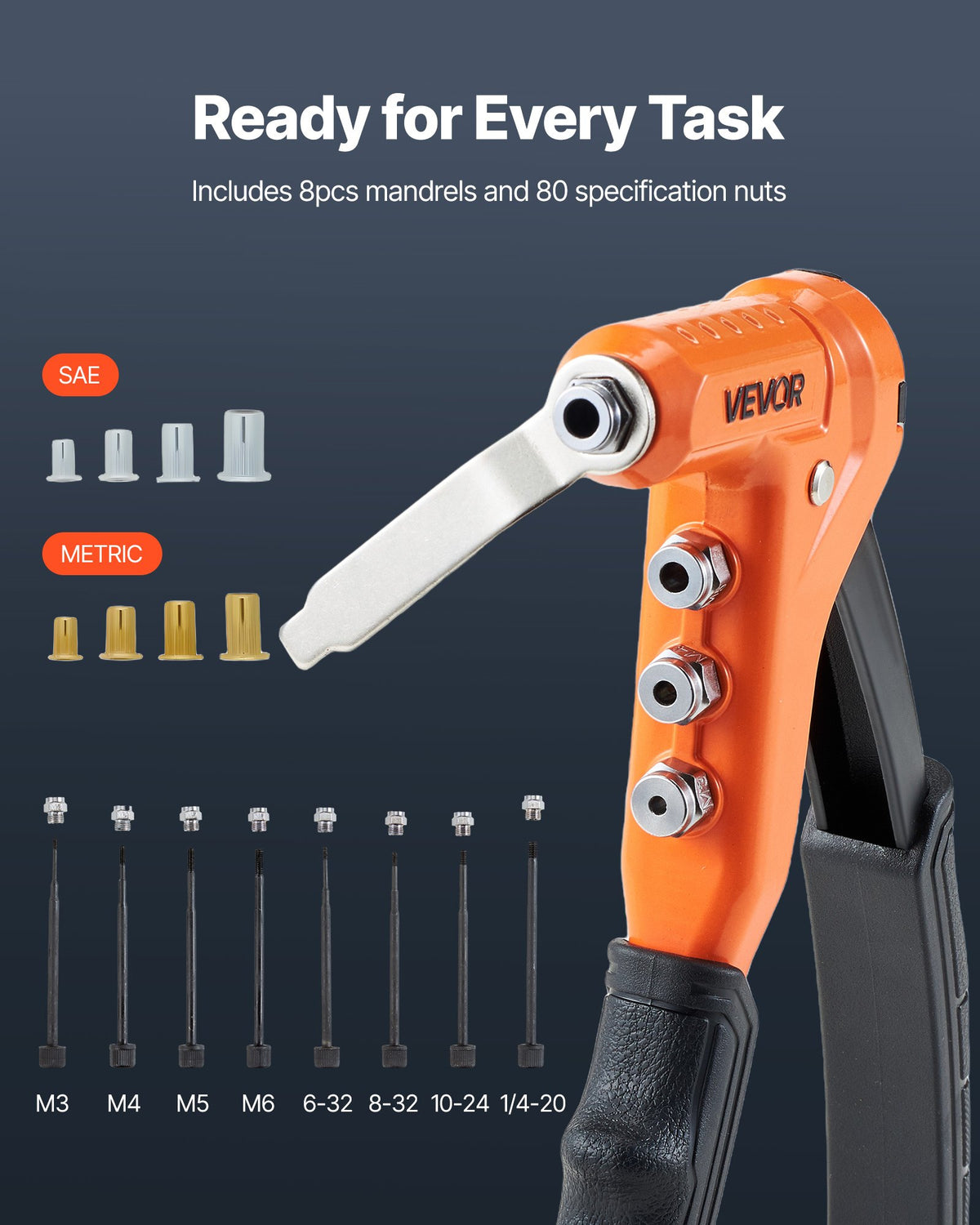 VEVOR Rivet Nut Tool Kit, 230 mm One-Handed Rivnut Tool Kit, with 8 Mandrels, a Step Drill Bit and 80 Nuts, Metric and SAE Size M3, M4, M5, M6, 6-32, 8-32, 10-24, 1/4-20 UNC, with a Carrying Case