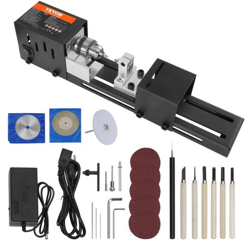VEVOR Mini Lathe Machine, 7 cm x 16 cm, 24VDC 96W Mini Wood Lathe Tools Milling Machine Accessories, 7 Speeds 4220/5300/5650/6350/6660/7050/8450 RPM, for DIY Woodworking Wood Drill Rotary Tool