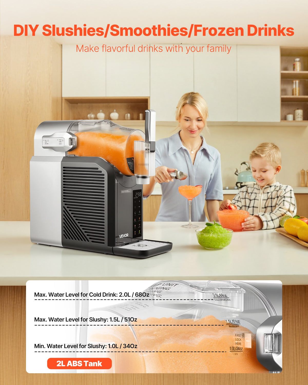 VEVOR Slushie Machine, 2L No Ice Needed Slushy Machine for Home, Frozen Drink Maker with 6 Preset Programs, Margarita Machine with Self-Cleaning, Frozen Margaritas, Frappés, Milkshake, and More