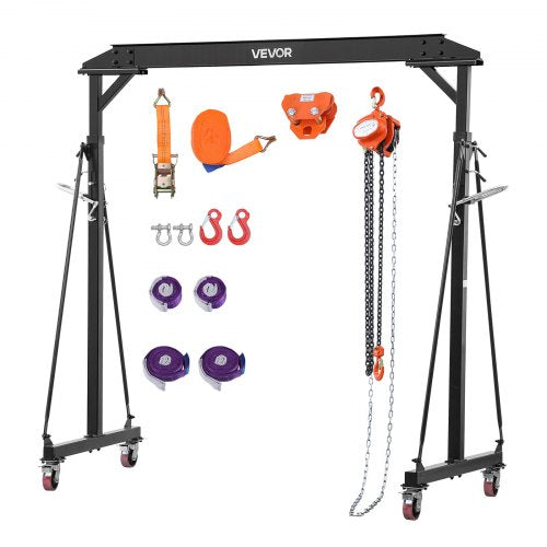 VEVOR Adjustable Gantry Crane, 997.9 kg Capacity, Portable Shop Lift Hoist with 2430-3630 mm Height Adjustable, Manual Trolley, Hoist, Sling, Shackles, Hooks, for Garage Factory Warehouse Auto Repair