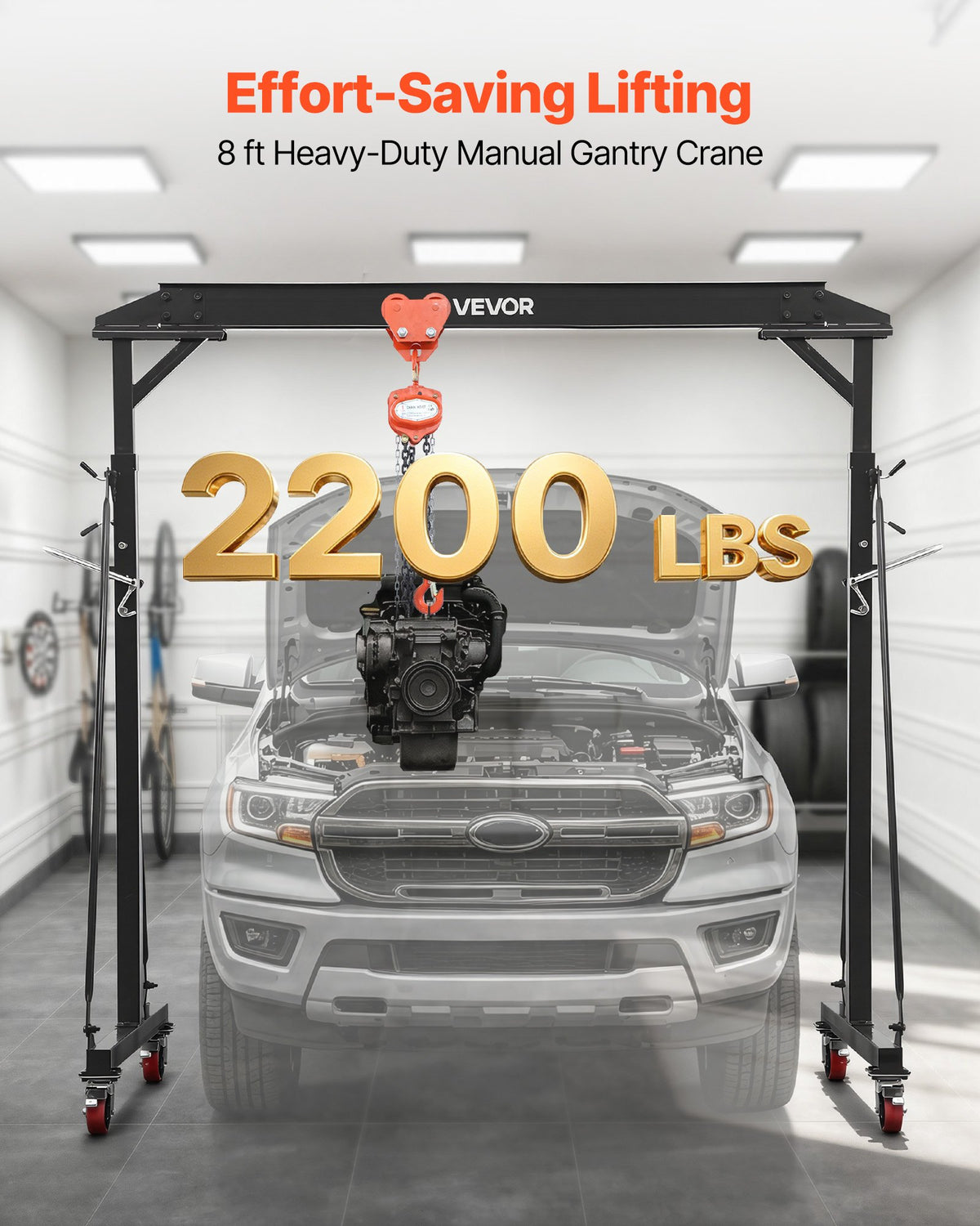 VEVOR Adjustable Gantry Crane, 997.9 kg Capacity, Portable Shop Lift Hoist with 2430-3630 mm Height Adjustable, Manual Trolley, Hoist, Sling, Shackles, Hooks, for Garage Factory Warehouse Auto Repair