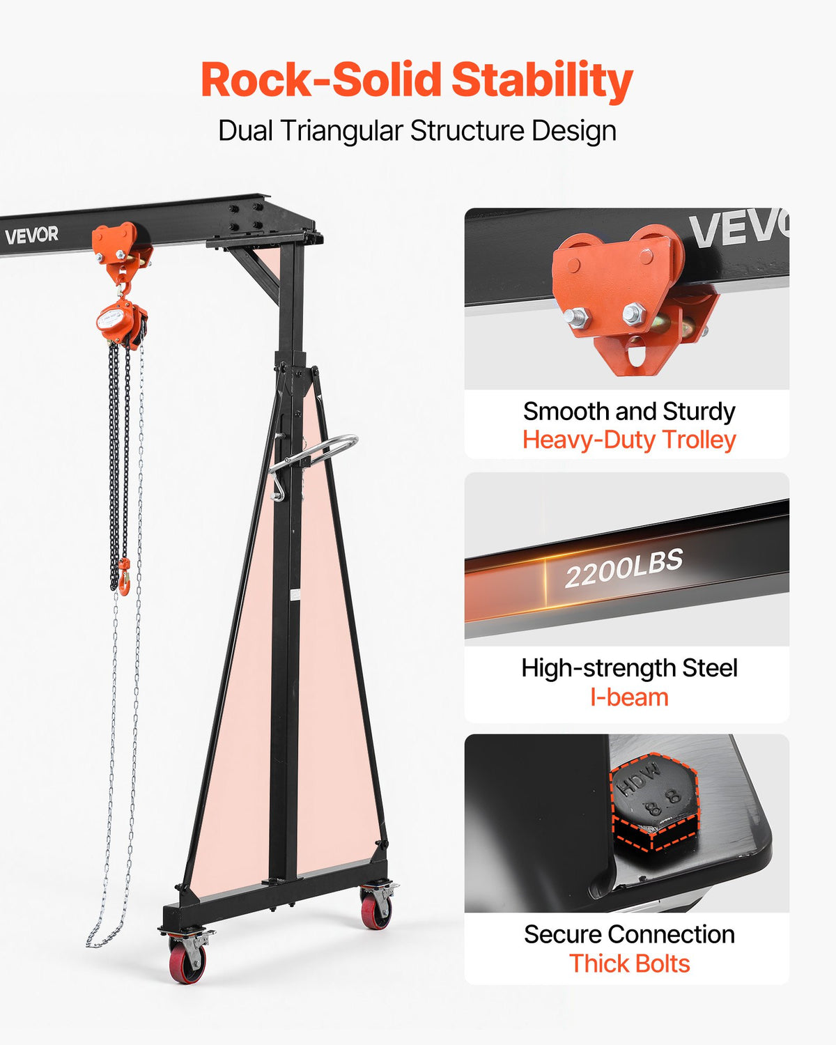 VEVOR Adjustable Gantry Crane, 997.9 kg Capacity, Portable Shop Lift Hoist with 2430-3630 mm Height Adjustable, Manual Trolley, Hoist, Sling, Shackles, Hooks, for Garage Factory Warehouse Auto Repair