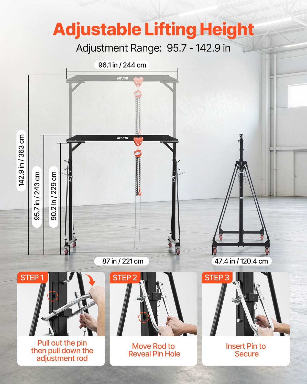 VEVOR Adjustable Gantry Crane, 997.9 kg Capacity, Portable Shop Lift Hoist with 2430-3630 mm Height Adjustable, Manual Trolley, Hoist, Sling, Shackles, Hooks, for Garage Factory Warehouse Auto Repair
