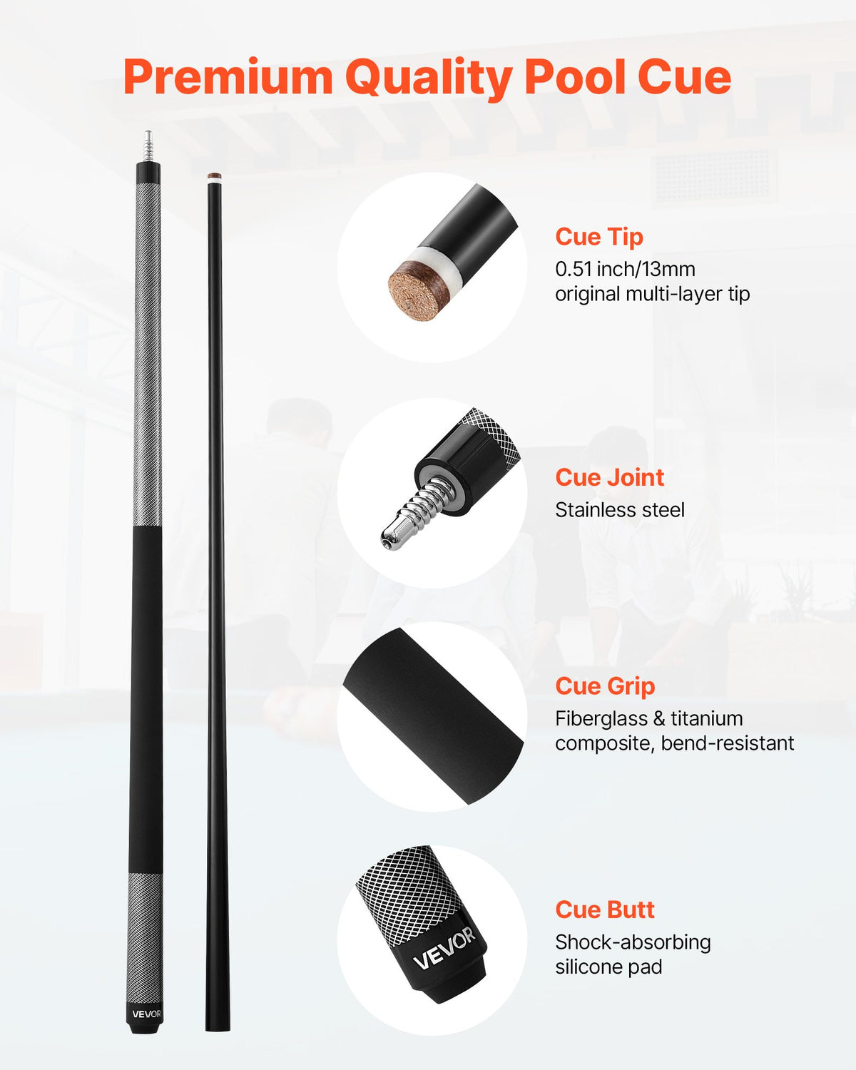 VEVOR Pool Cue, 1 Piece Pool Stick, 1473.2mm & 595g Fiberglass Titanium Composite Billiard Pools Cue Stick with Multi-Layer Tip, Cues Sticks for Professional Pool Table, Bar, Home Pool Games, Office