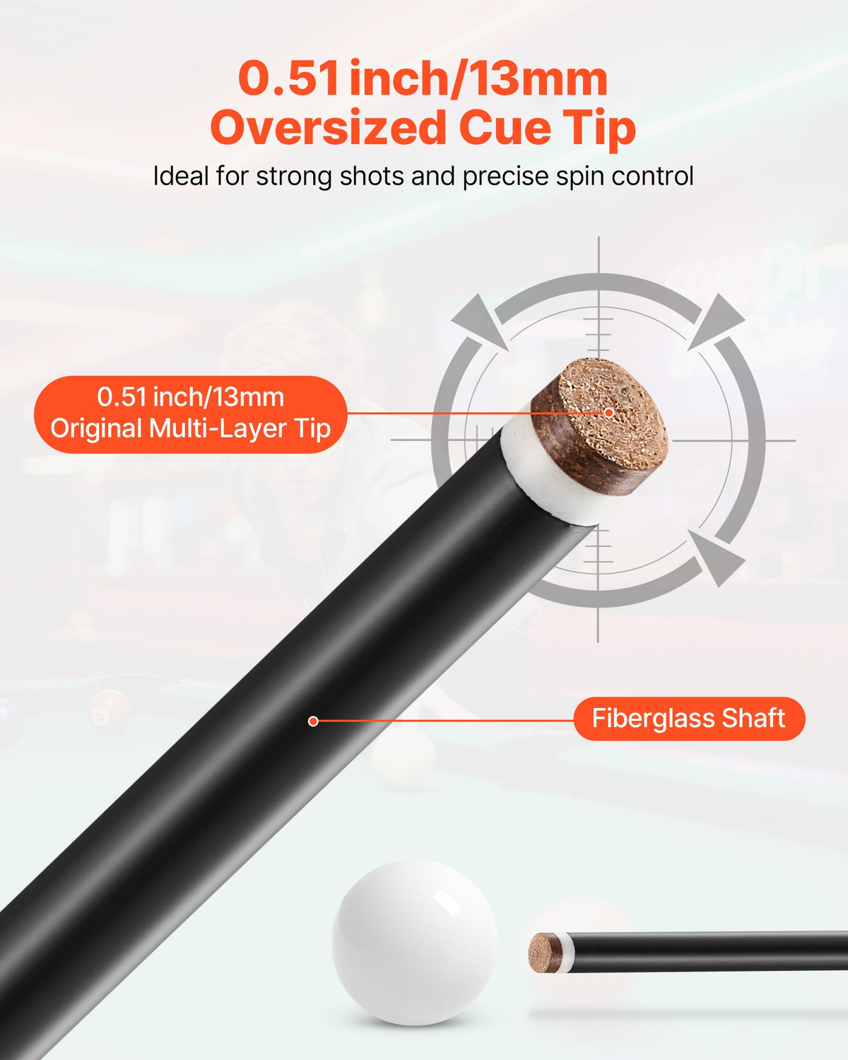VEVOR Pool Cue, 1 Piece Pool Stick, 1473.2mm & 595g Fiberglass Titanium Composite Billiard Pools Cue Stick with Multi-Layer Tip, Cues Sticks for Professional Pool Table, Bar, Home Pool Games, Office