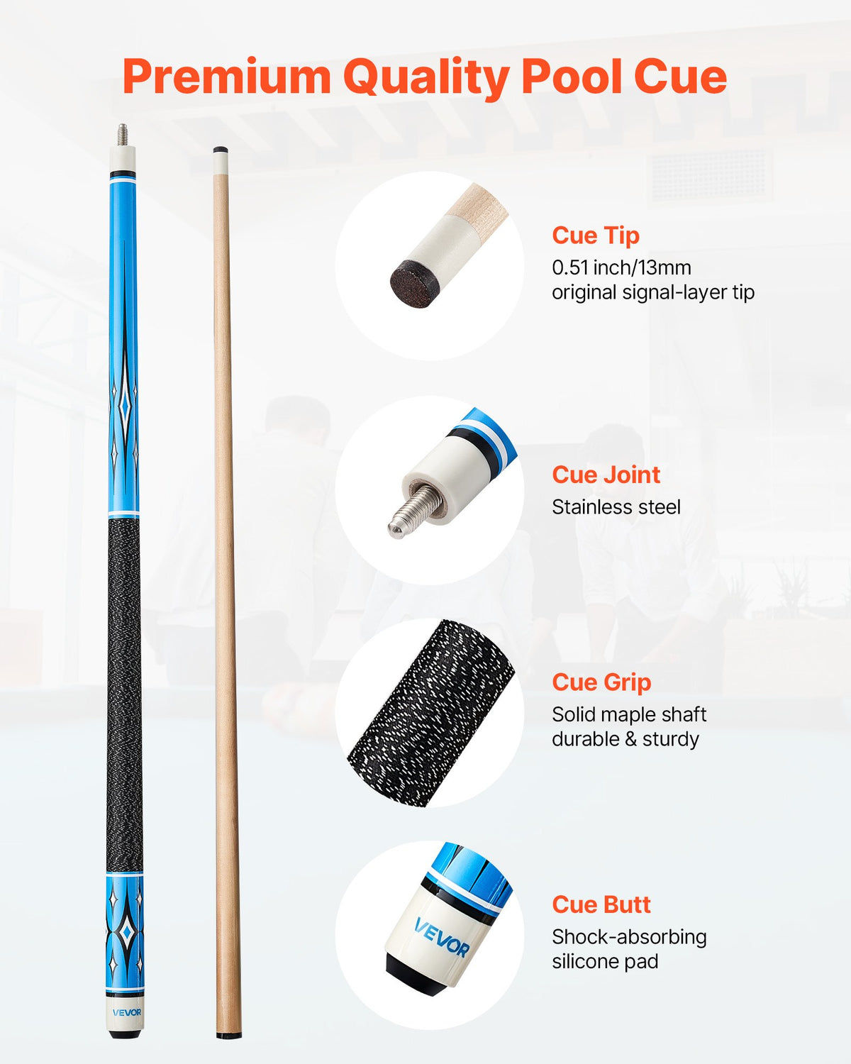 VEVOR Pool Cue, 4 Pieces Pool Stick, 1473.2mm Canadian Maple Wood Billiard Pools Stick with ABS Connection Ring, Cues Sticks for Professional Pool Table, Bar, Home, Office, 510g, 538g, 566g, 595g
