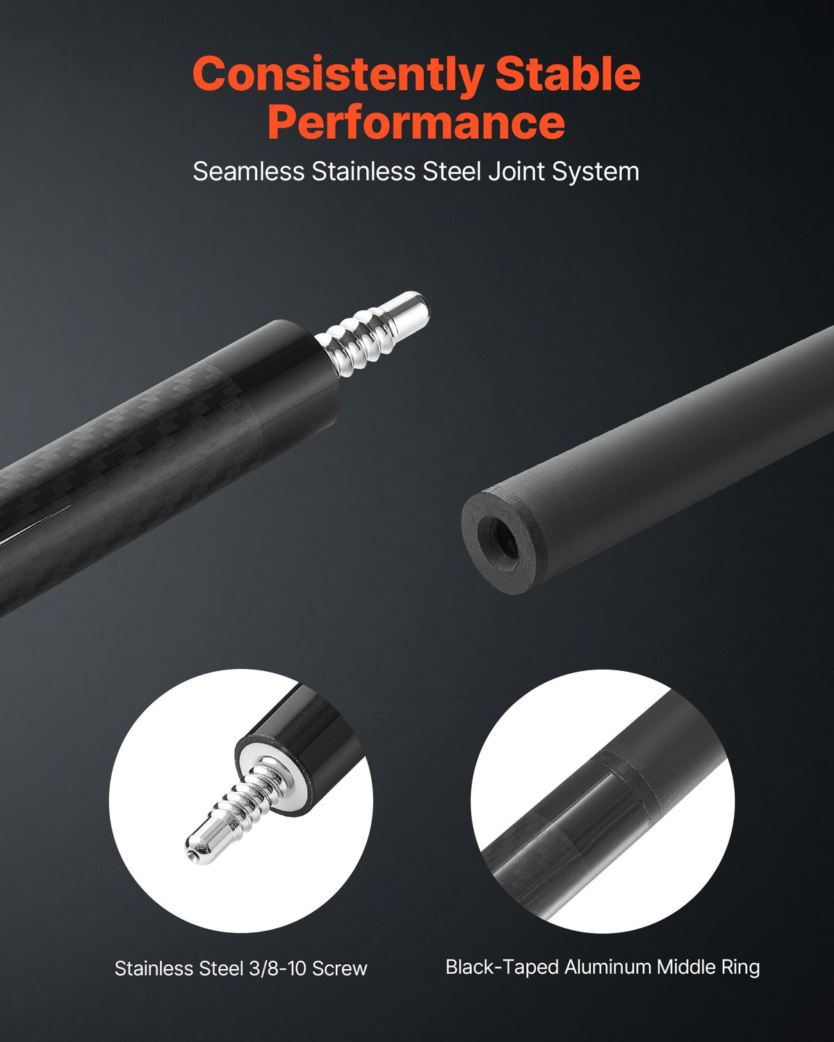 VEVOR Pool Cue, 1 Piece Pool Stick, 1473.2mm & 538g Carbon Fiber Billiard Pools Cue Stick with Bakelite Pressed Cue Tip & ABS Connection Ring, Cues Sticks for Professional Pool Table, Bar, Home,Office