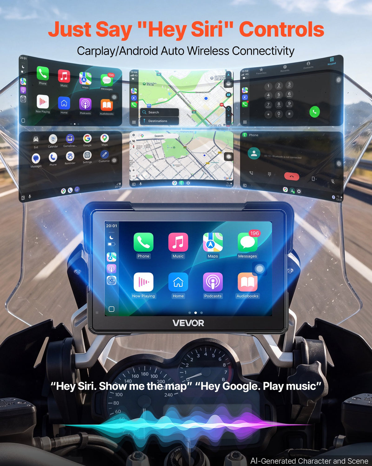 VEVOR 7 Inch Wireless Motorcycle Carplay with Apple Carplay & Android Auto, HD Touchscreen GPS Navigation System with Voice Control, Dual Bluetooth, Siri & Google Assistant, IP67 - Fit All Motorcycles