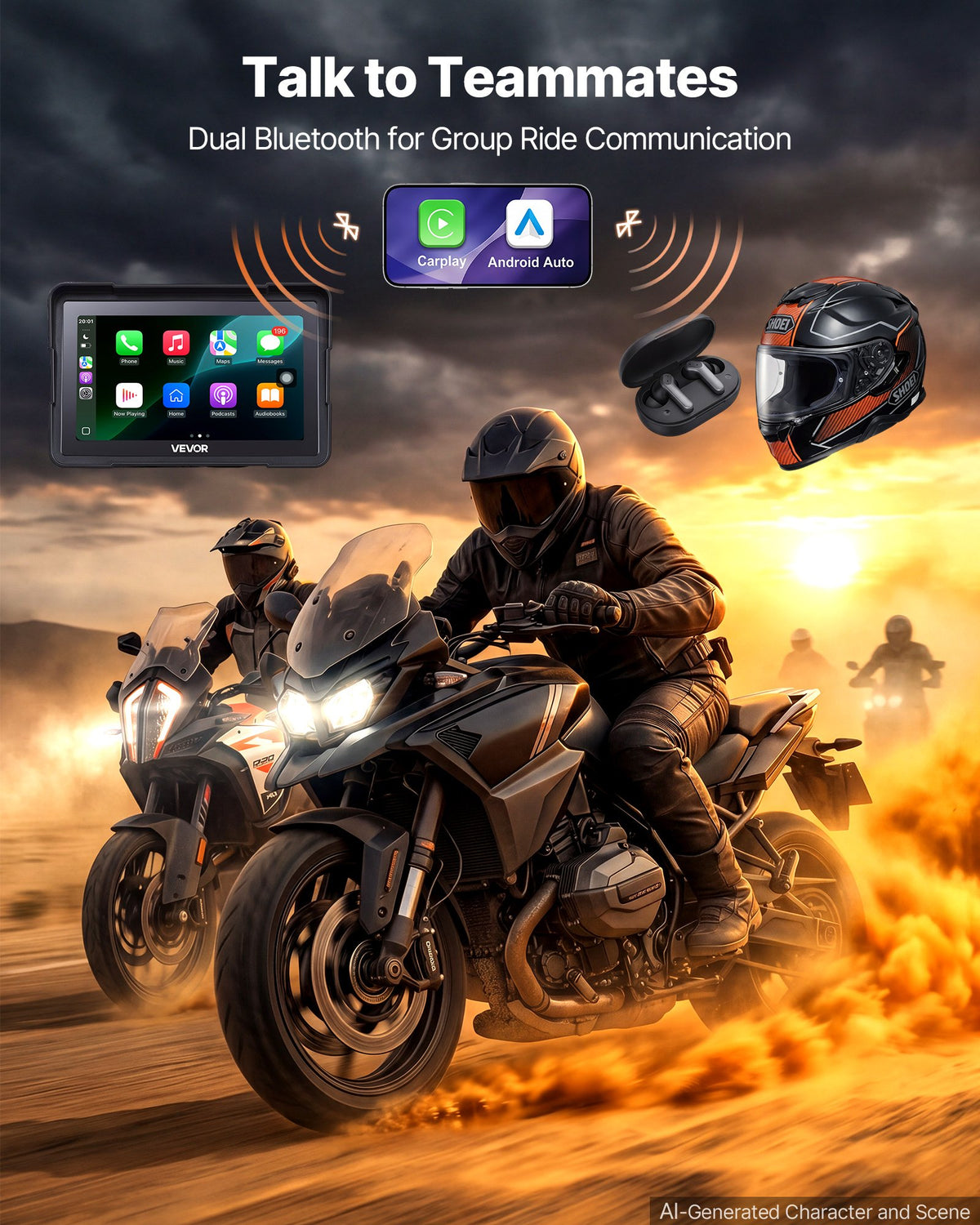 VEVOR 7 Inch Wireless Motorcycle Carplay with Apple Carplay & Android Auto, HD Touchscreen GPS Navigation System with Voice Control, Dual Bluetooth, Siri & Google Assistant, IP67 - Fit All Motorcycles