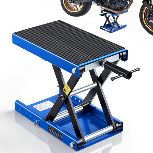 VEVOR Motorcycle Lift, 499 kg Motorcycle Scissor Lift Jack with Wide Deck & Locking Pin, 95-340 mm Center Hoist Crank Stand, Steel Scissor Jack for Street Bikes, Cruiser Bikes, Touring, Blue/Black