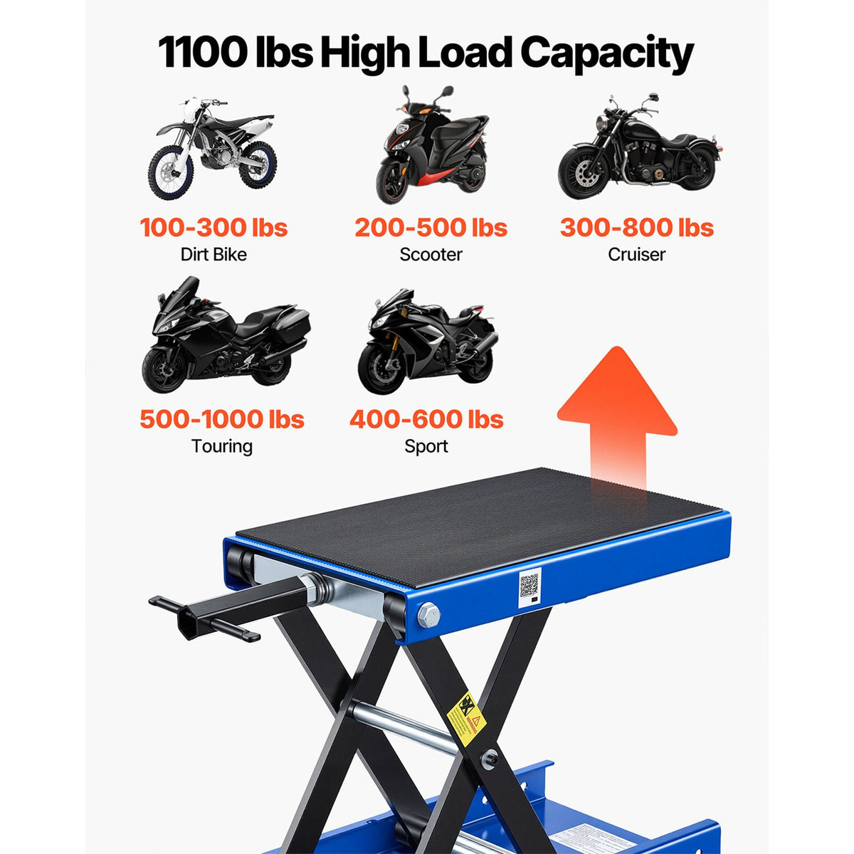 VEVOR Motorcycle Lift, 499 kg Motorcycle Scissor Lift Jack with Wide Deck & Locking Pin, 95-340 mm Center Hoist Crank Stand, Steel Scissor Jack for Street Bikes, Cruiser Bikes, Touring, Blue/Black