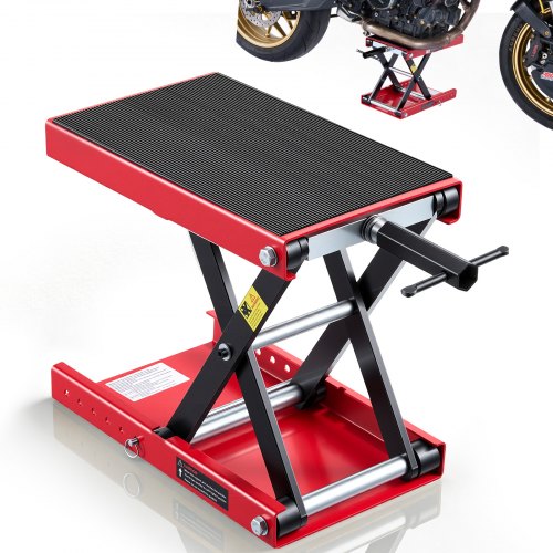 VEVOR Motorcycle Lift, 499 kg Motorcycle Scissor Lift Jack with Wide Deck & Locking Pin, 95-340 mm Center Hoist Crank Stand, Steel Scissor Jack for Street Bikes, Cruiser Bikes, Touring, Red/Black