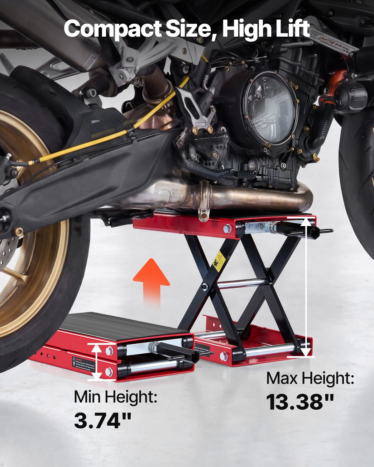 VEVOR Motorcycle Lift, 499 kg Motorcycle Scissor Lift Jack with Wide Deck & Locking Pin, 95-340 mm Center Hoist Crank Stand, Steel Scissor Jack for Street Bikes, Cruiser Bikes, Touring, Red/Black