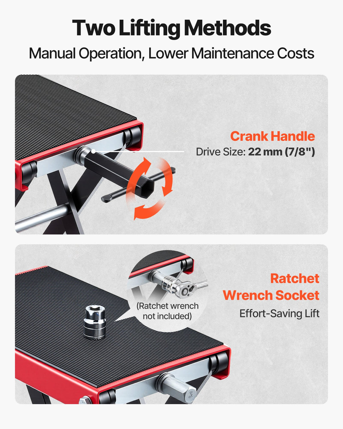 VEVOR Motorcycle Lift, 499 kg Motorcycle Scissor Lift Jack with Wide Deck & Locking Pin, 95-340 mm Center Hoist Crank Stand, Steel Scissor Jack for Street Bikes, Cruiser Bikes, Touring, Red/Black
