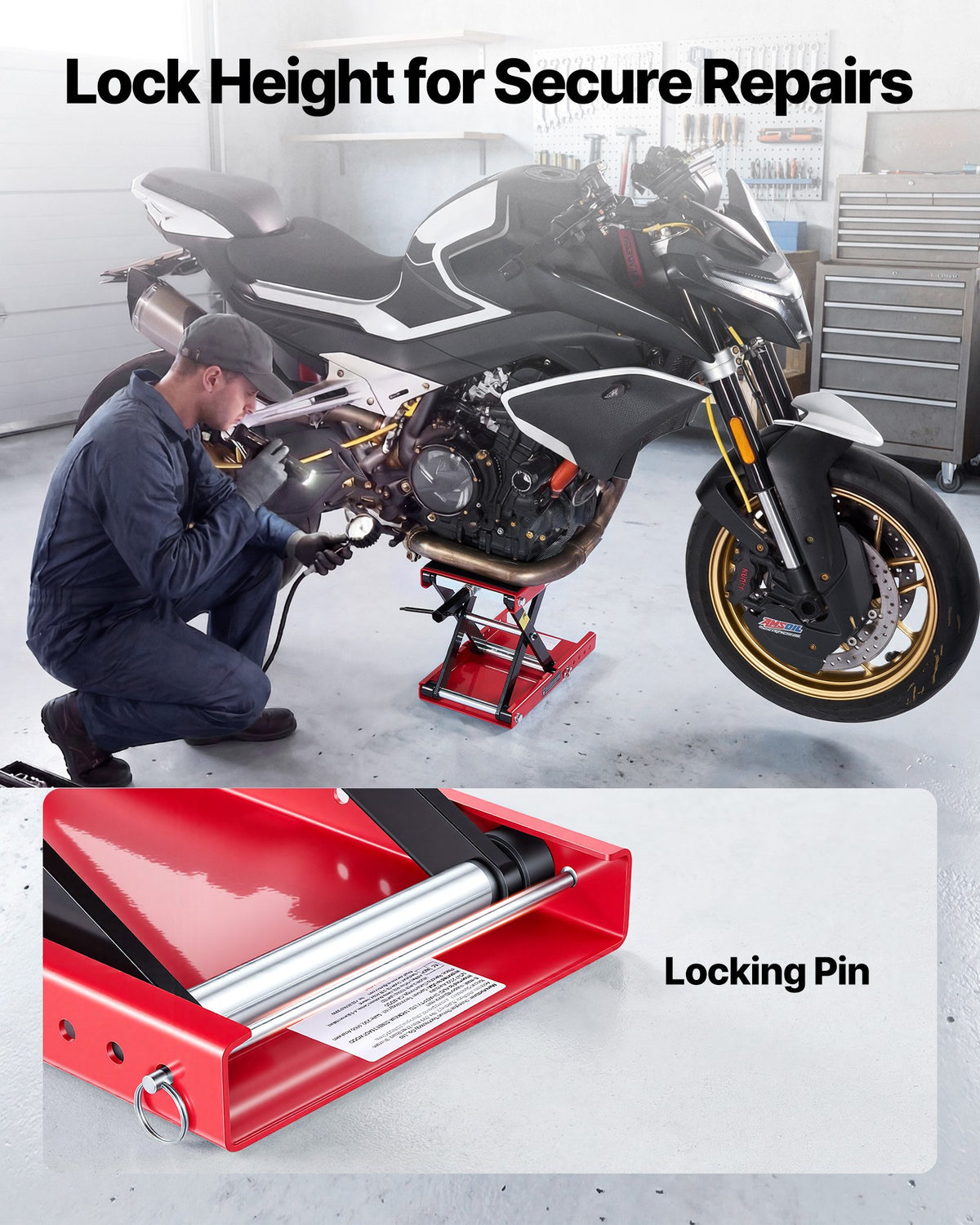 VEVOR Motorcycle Lift, 499 kg Motorcycle Scissor Lift Jack with Wide Deck & Locking Pin, 95-340 mm Center Hoist Crank Stand, Steel Scissor Jack for Street Bikes, Cruiser Bikes, Touring, Red/Black