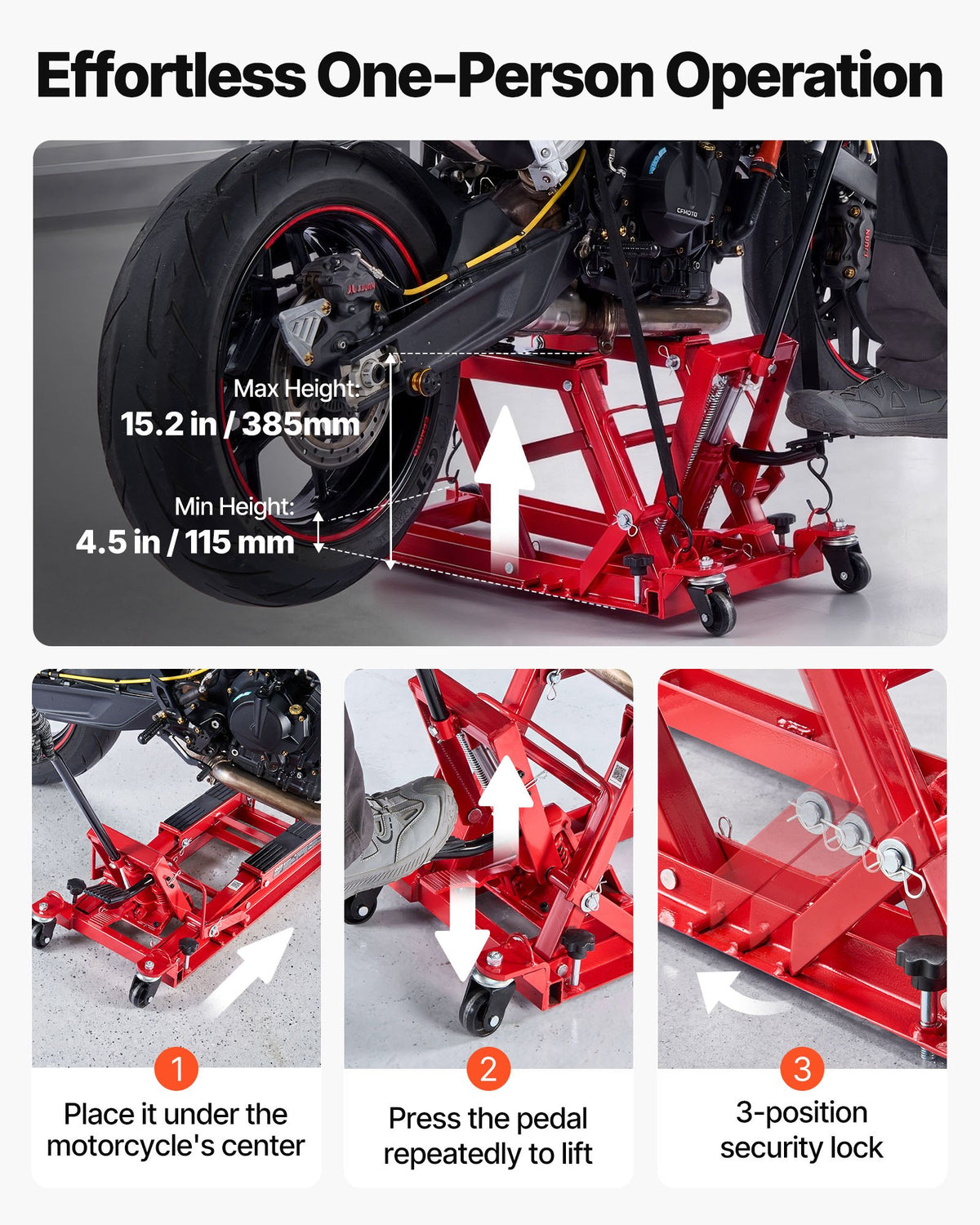 VEVOR Hydraulic Motorcycle Lift Jack, 680 kg Capacity, ATV Lift Jack Portable Motorcycle Hoist Stand with 4 Wheels, 115-385 mm Height Range, Hydraulic Foot-Operated Hoist Stand for ATVs, Dirt Bikes