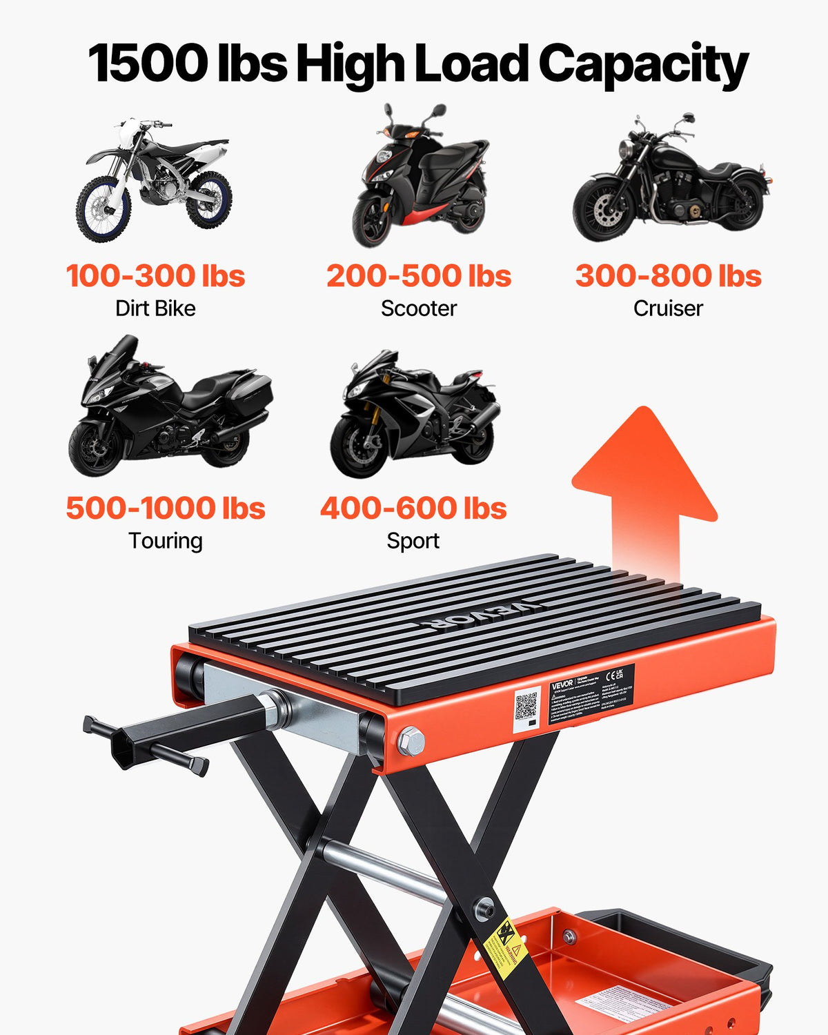 VEVOR Motorcycle Lift, 680 kg Motorcycle Scissor Lift Jack with Wide Deck & Locking Pin, 105-350 mm Center Hoist Crank Stand, Steel Scissor Jack for Street Bikes, Cruiser Bikes, Touring Motorcycles
