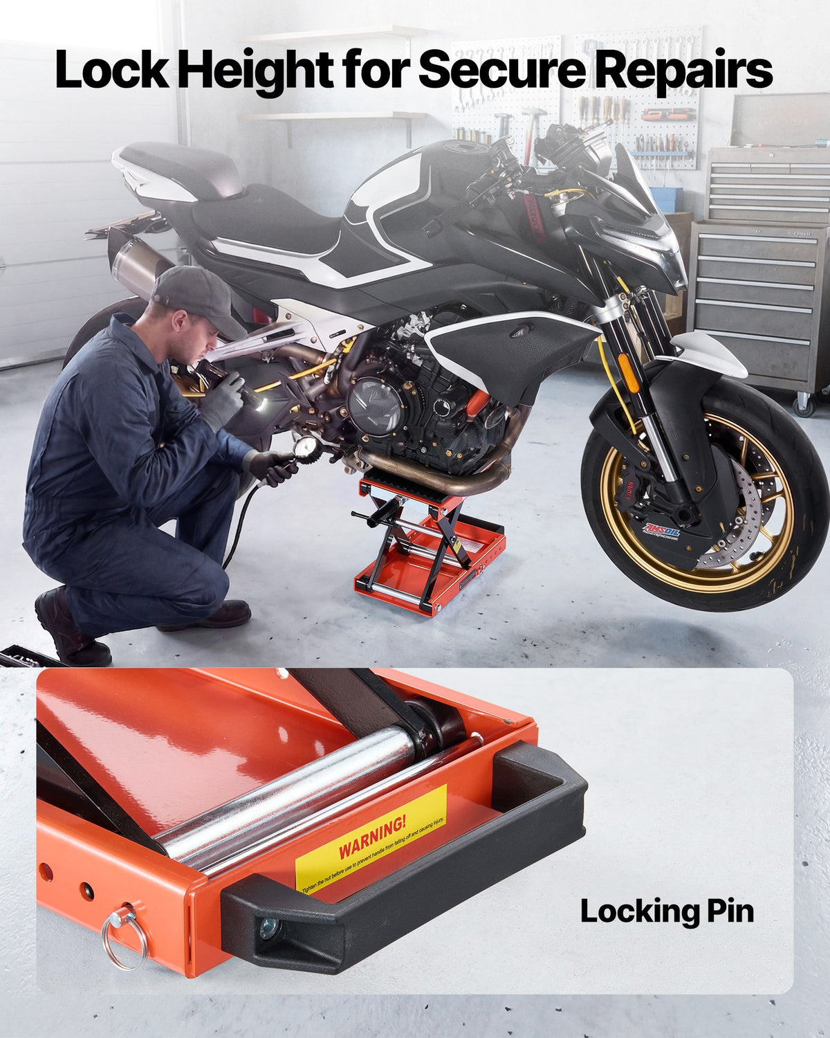 VEVOR Motorcycle Lift, 680 kg Motorcycle Scissor Lift Jack with Wide Deck & Locking Pin, 105-350 mm Center Hoist Crank Stand, Steel Scissor Jack for Street Bikes, Cruiser Bikes, Touring Motorcycles
