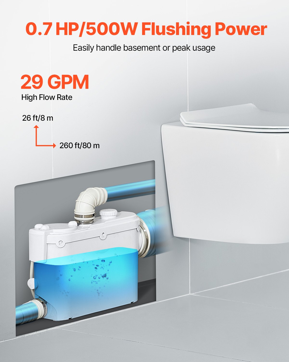 VEVOR Macerator Pump, 500W, 6600 L/h Flow, 26.2 ft/8 m Head, Macerator Sewerage Sump Pump with 3 Water Inlets for Toilet, Basement, Kitchen, Sink, Shower, Bathtub Waste Water Disposal Upflush Machine