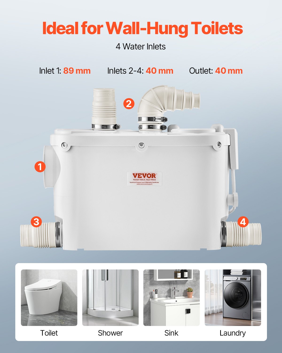 VEVOR Macerator Pump, 500W, 6600 L/h Flow, 26.2 ft/8 m Head, Macerator Sewerage Sump Pump with 3 Water Inlets for Toilet, Basement, Kitchen, Sink, Shower, Bathtub Waste Water Disposal Upflush Machine