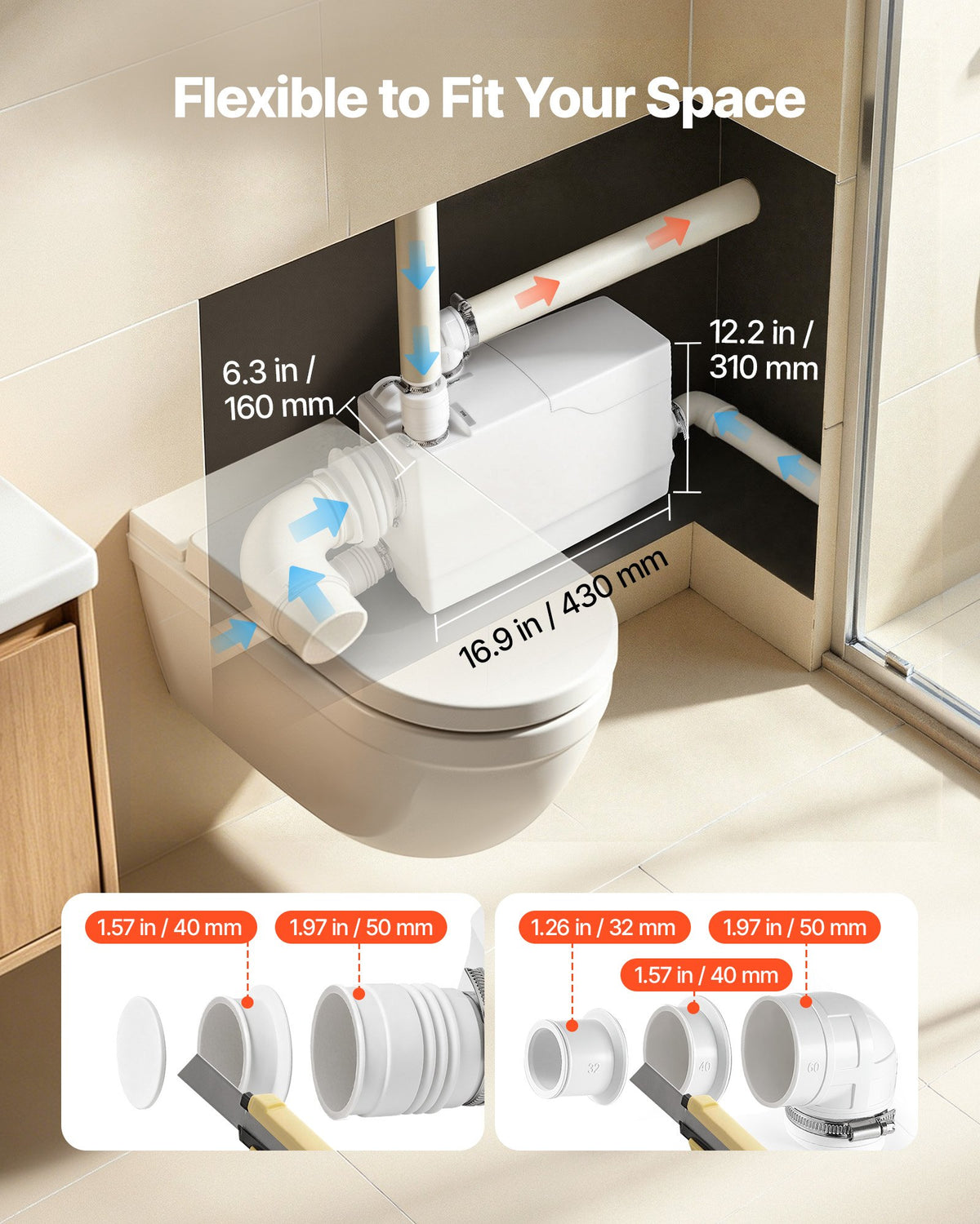VEVOR Macerator Pump 800W 12000L/h Flow 32.8 ft/10 m Head Side Toilet Inlet, Macerating Sewage Pump with 4 Inlets, Waste Water Disposal Upflush Machine, for Basement, Toilet, Sink, Laundry, Kitchen